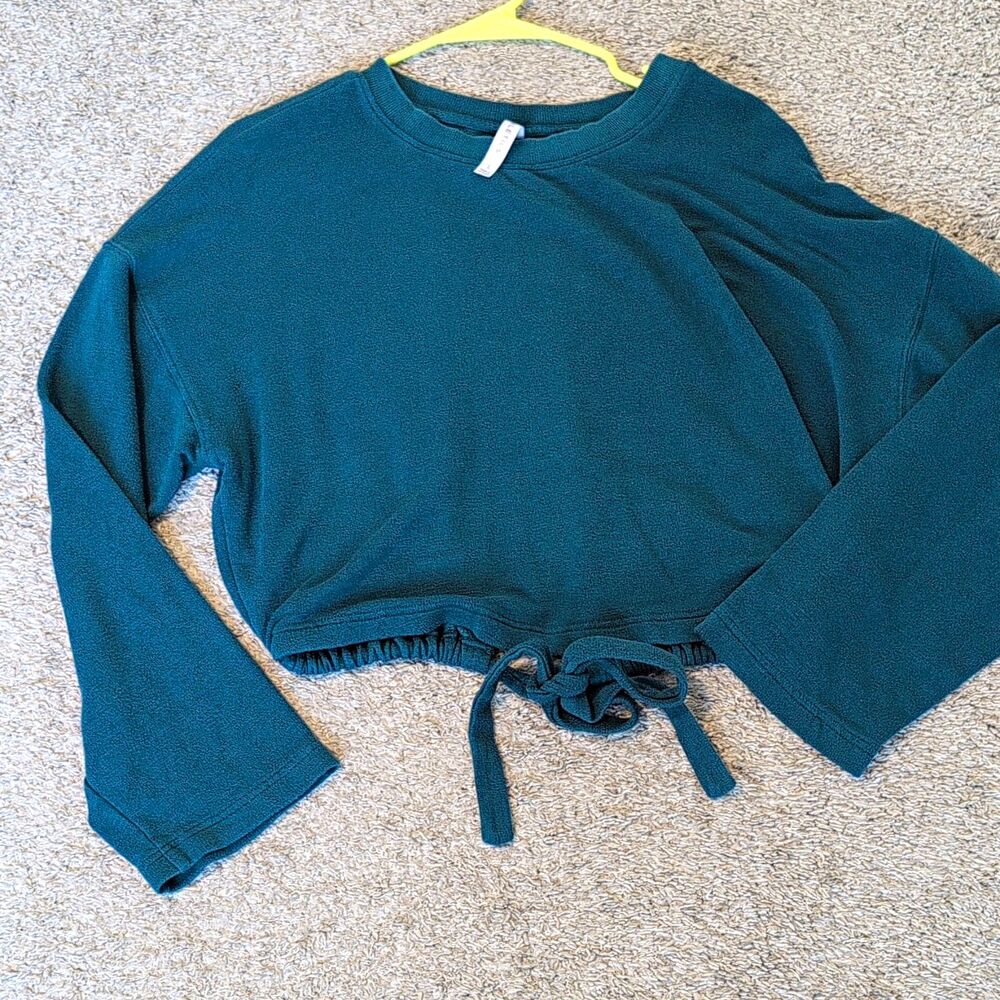 Fabletics Cropped Sweatshirt M Women Teal Blue Tie Waist Crewneck Drop Shoulder